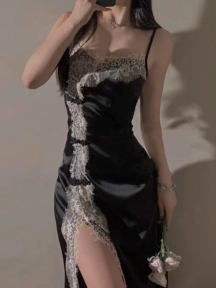 20%OFF_新中式盘扣蕾丝睡裙Strap Lace High Split Silk Dress