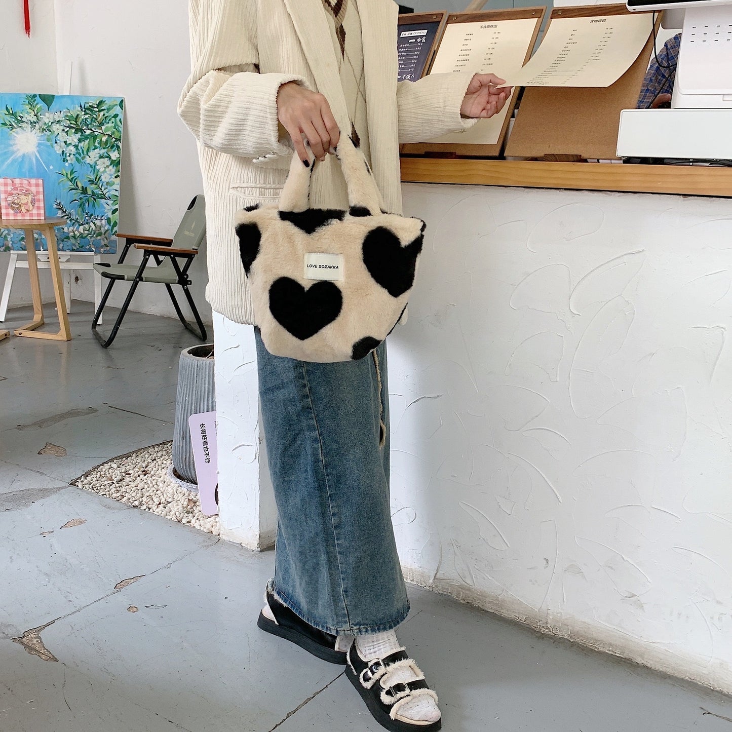 50%OFF_爱心毛毛手提包Heart Shape Fleece Handbag