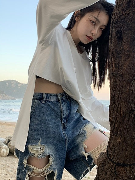 50%OFF_破碎美感牛仔短裤Ripped Denim Shorts