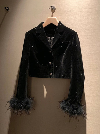 鸵鸟毛丝绒短款外套Feather Cuff Cropped Blazer