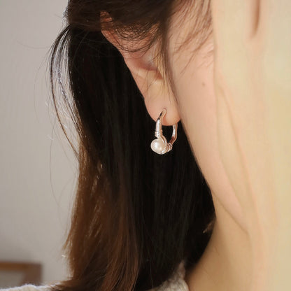 Silver C Hoop Earrings with Pearl