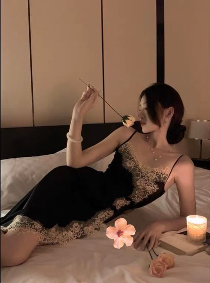 新款中式盘扣蕾丝睡裙Stral Lace High Split Silk Dress