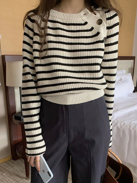 40%OFF_韩系博主条纹短款毛衣Diagonal Button Stripe Sweater