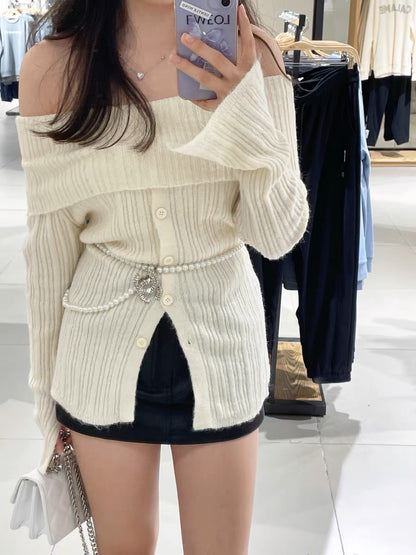 毛衣届白月光Long Sleeve Off shoulder Top