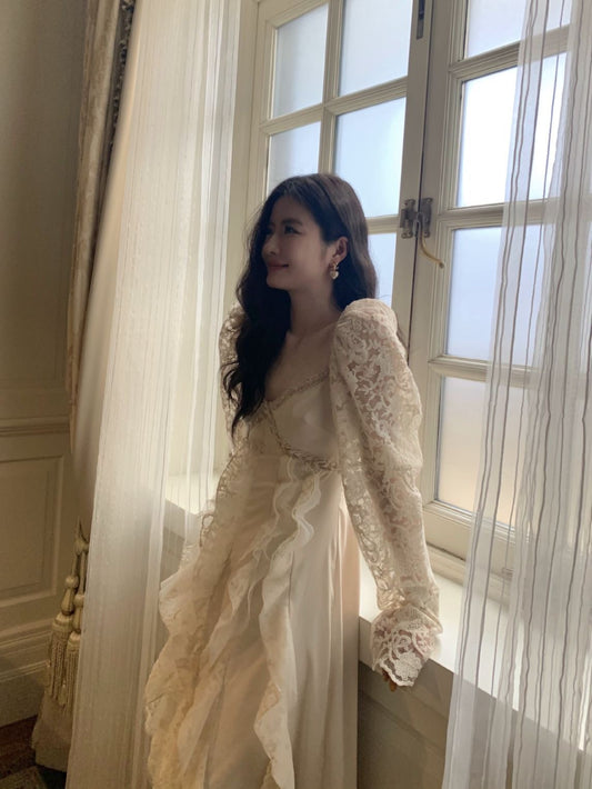 白月光长裙套装Two Piece Tiered Ruffled Lace Chiffon Dress