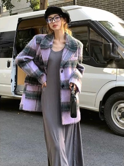 30%OFF_复古紫格毛呢外套Vintage Plaid Wool Coat