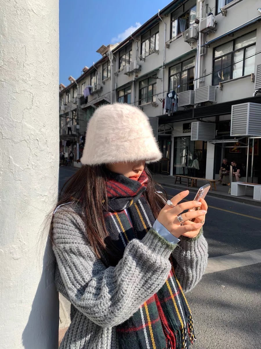 秋冬刚需奶白兔毛盆帽White Textured Knitted Bucket Hat