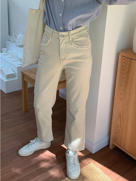 韩系米白高腰九分裤 Cream High Waist Straight Cut Trouser