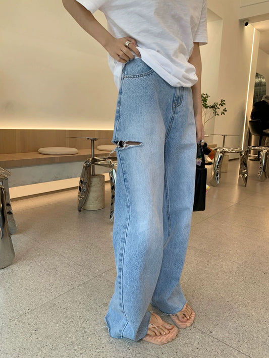 浅蓝色破洞水洗磨毛牛仔裤Light distressed jeans