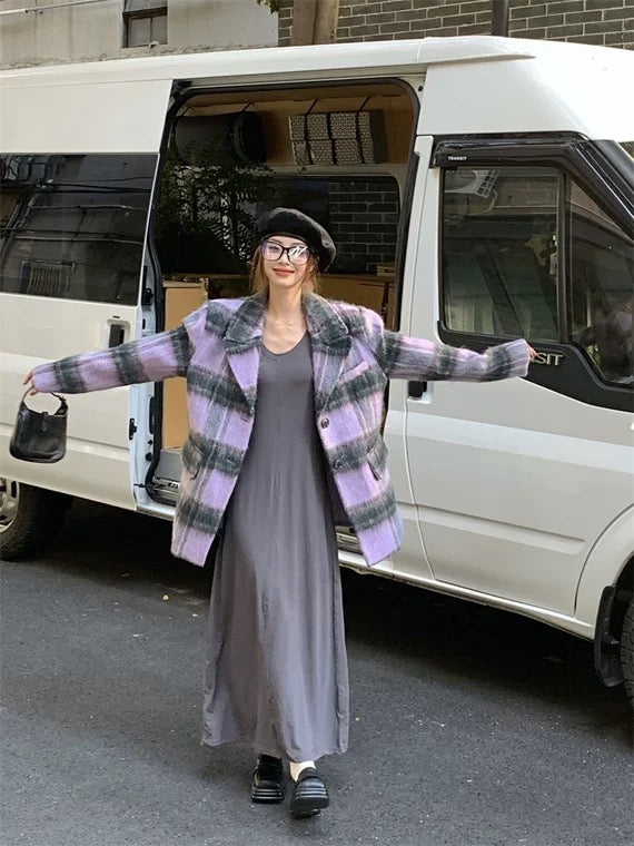 30%OFF_复古紫格毛呢外套Vintage Plaid Wool Coat