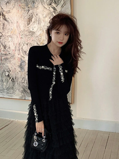 蔷薇午后重工蕾丝套装Pearl Black Cardigan and Tulle Midi Skirt