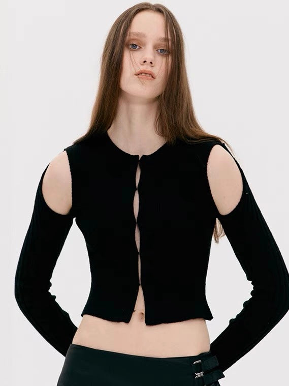 40%OFF_【斩男小天才】小众漏肩针织衫Black Cut-Out Crop Top