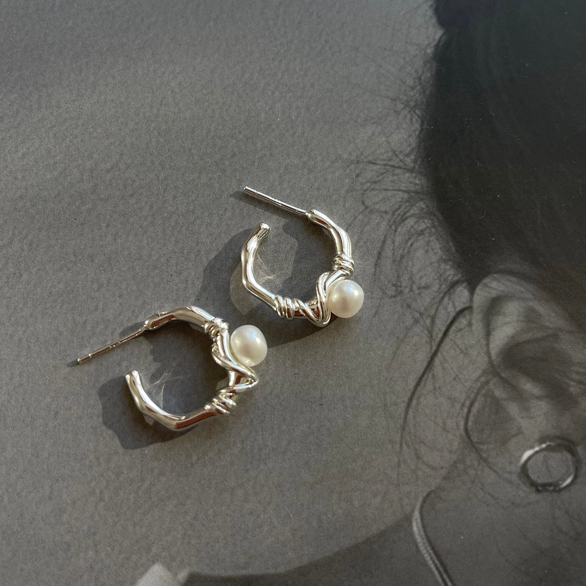 Silver C Hoop Earrings with Pearl