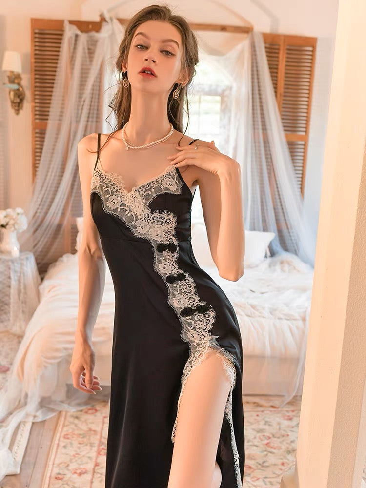 新款中式盘扣蕾丝睡裙Stral Lace High Split Silk Dress