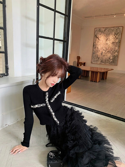 蔷薇午后重工蕾丝套装Pearl Black Cardigan and Tulle Midi Skirt