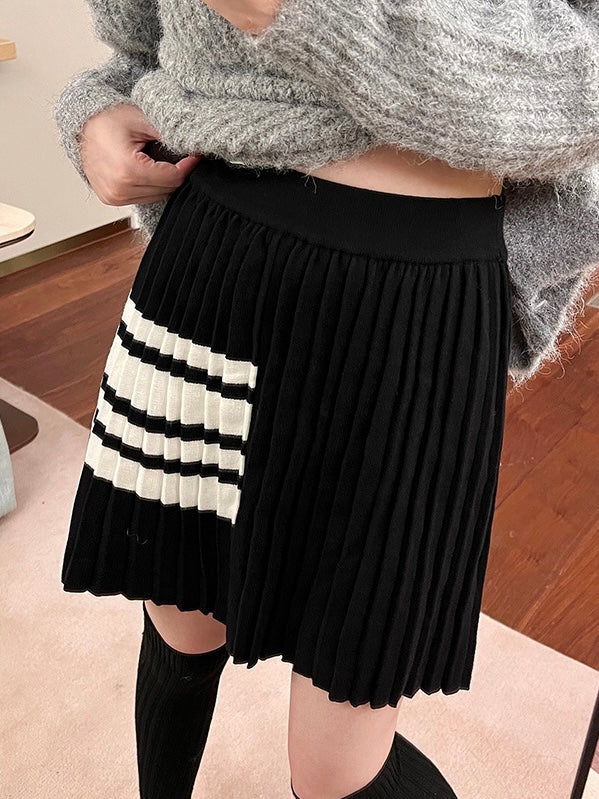 50%OFF_学院风针织百褶裙Black Pleated Skirt with Stripes