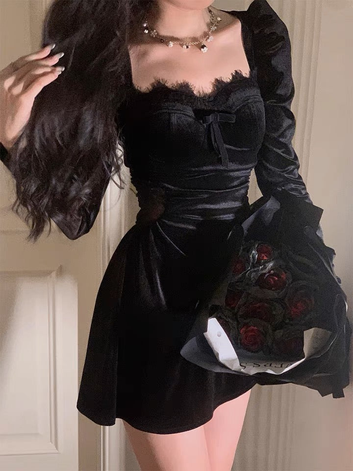 20%OFF_黑丝绒蕾丝边连衣裙Black Lace Mini Dress