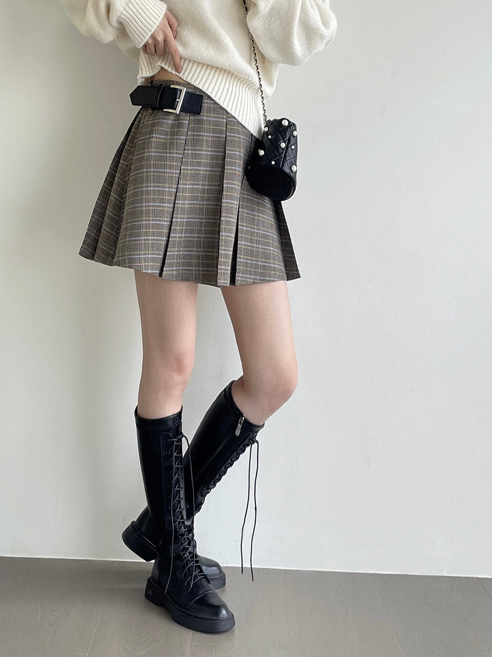 20%OFF_自带腰带格子百褶裙Plaid Pleated Skirt