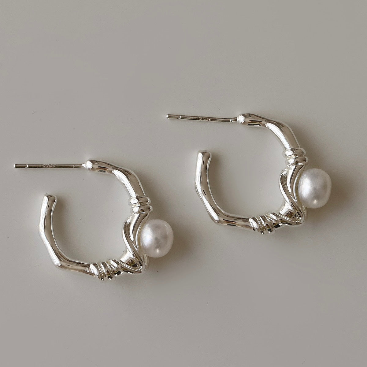 Silver C Hoop Earrings with Pearl