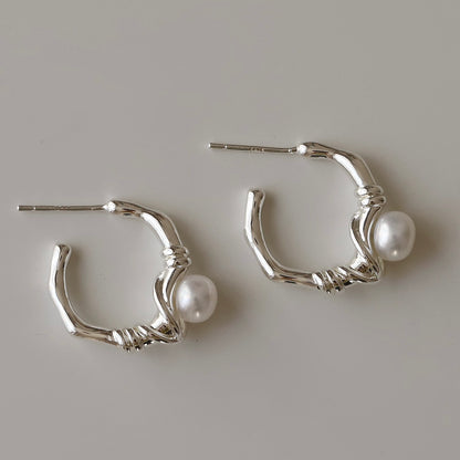 Silver C Hoop Earrings with Pearl