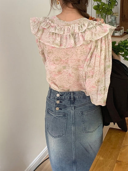 30%OFF_花朵刺绣荷叶边上衣 Floral Embroidery Ruffled Blouse