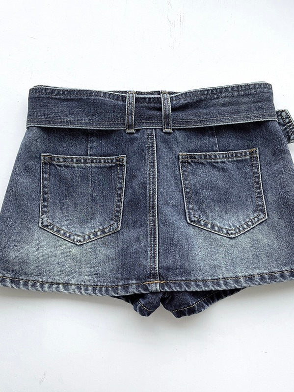 30%OFF_做旧腰带牛仔半裙Belted High Waist Denim Mini Skirt