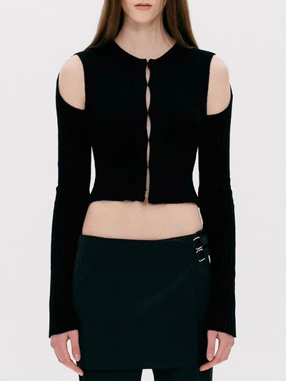 40%OFF_【斩男小天才】小众漏肩针织衫Black Cut-Out Crop Top