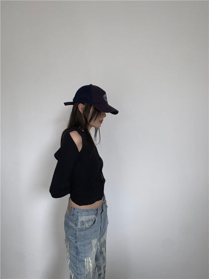 40%OFF_【斩男小天才】小众漏肩针织衫Black Cut-Out Crop Top