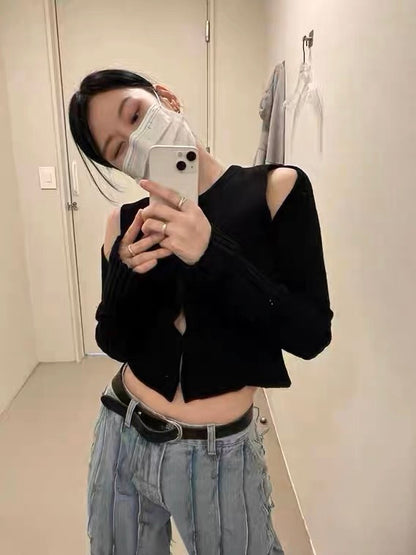 40%OFF_【斩男小天才】小众漏肩针织衫Black Cut-Out Crop Top