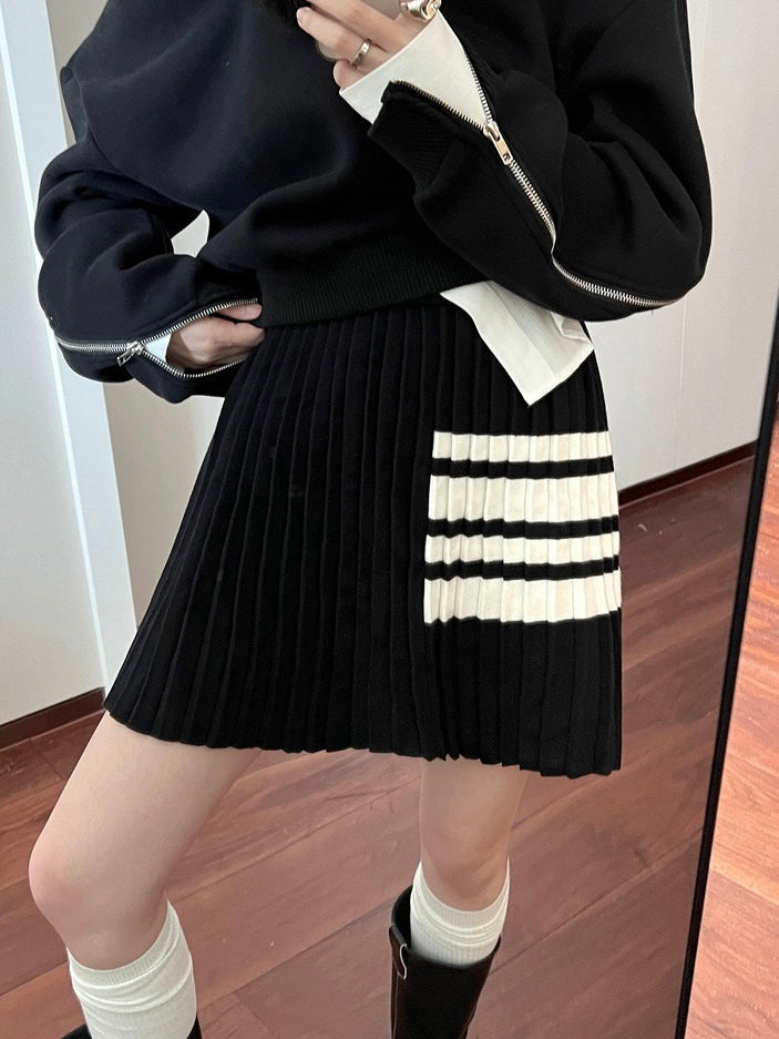 50%OFF_学院风针织百褶裙Black Pleated Skirt with Stripes