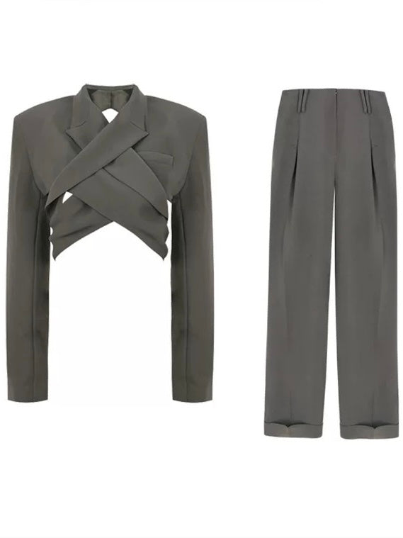 40%OFF_御姐露背绑带套装Grey Backless Suit