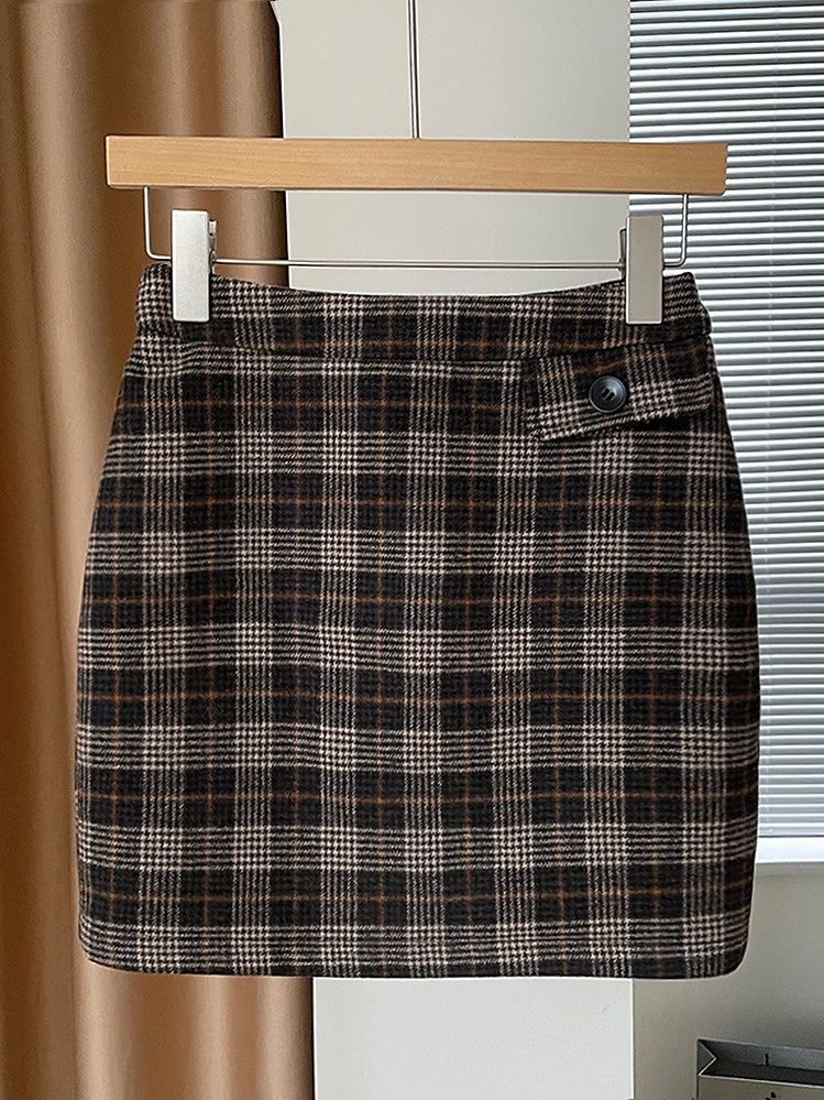 50羊毛格子包臀裙High Waist Plaid Skirt