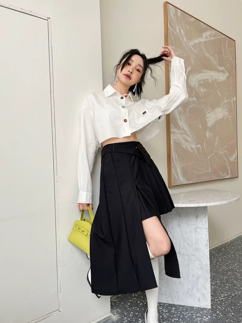 可拆卸腰封两穿半裙2 in 1 Black Pleated Skirt