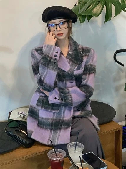 30%OFF_复古紫格毛呢外套Vintage Plaid Wool Coat