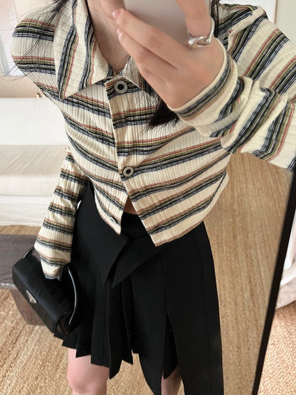 20%OFF_学院风条纹短款衬衫Stripe Knit Crop Cardigan