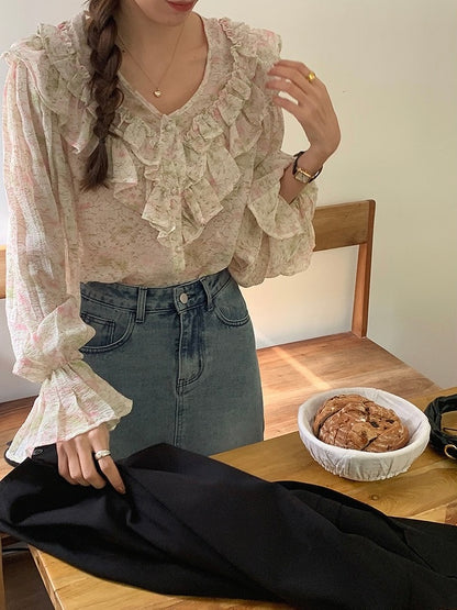 30%OFF_花朵刺绣荷叶边上衣 Floral Embroidery Ruffled Blouse