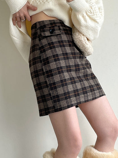 50羊毛格子包臀裙High Waist Plaid Skirt