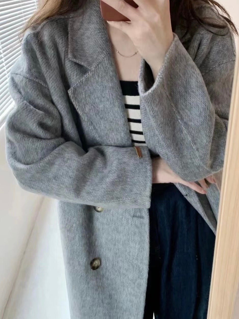 韩系欧尼羊毛呢大衣Button Wool Coat