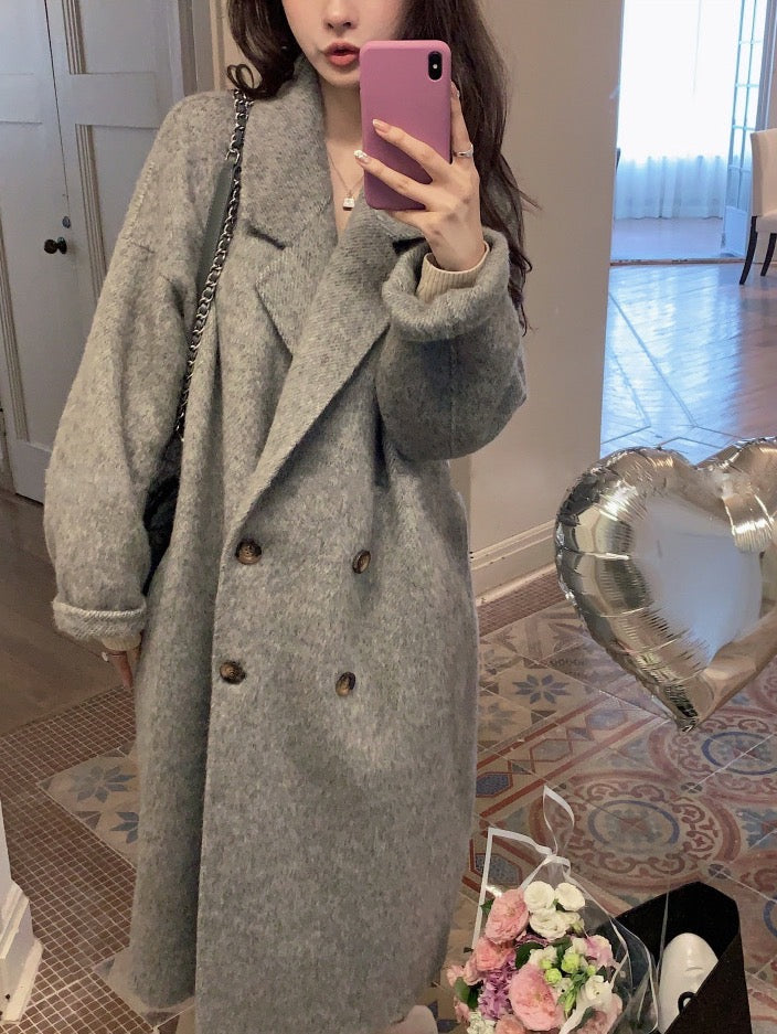 韩系欧尼羊毛呢大衣Button Wool Coat