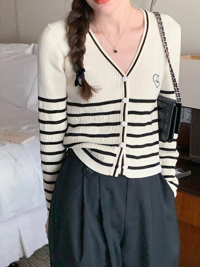 小香条纹开衫V Neck Stripe Button Cardigan