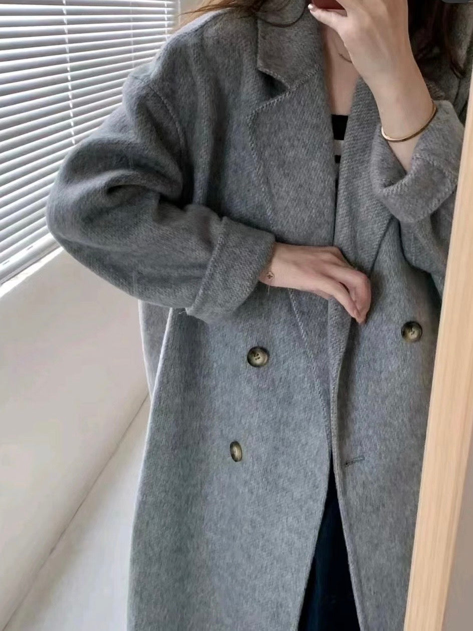 韩系欧尼羊毛呢大衣Button Wool Coat