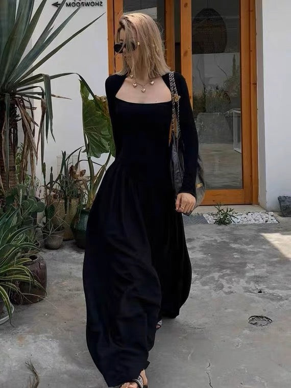 黑色大领口长裙Black Trumpet Maxi Dress