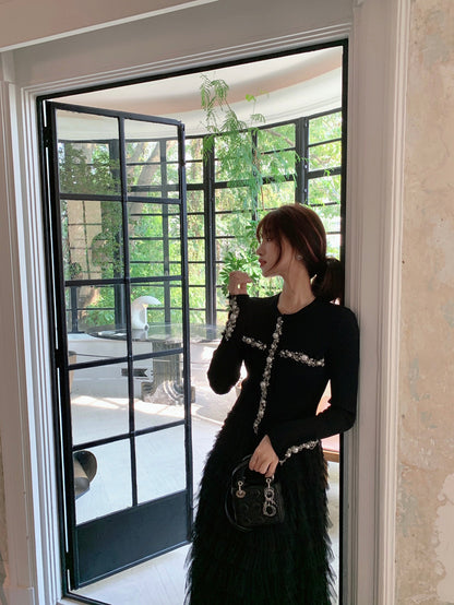 蔷薇午后重工蕾丝套装Pearl Black Cardigan and Tulle Midi Skirt