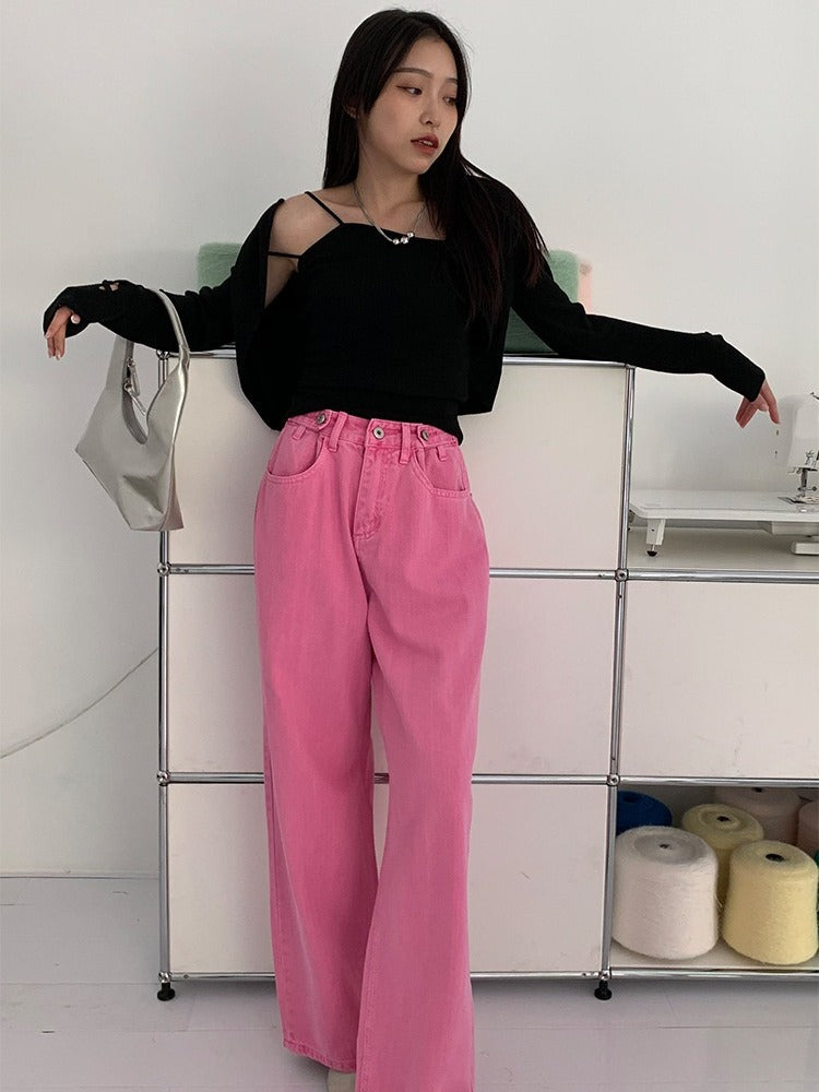 50%OFF_粉色阔腿牛仔裤Fuscia Pink Jean