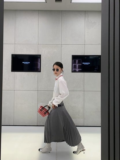 40%OFF_腰带长款百褶裙Pleated Skirt with Belt