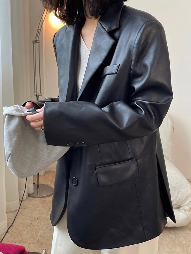 黑色廓形皮衣Black Leather Blazer