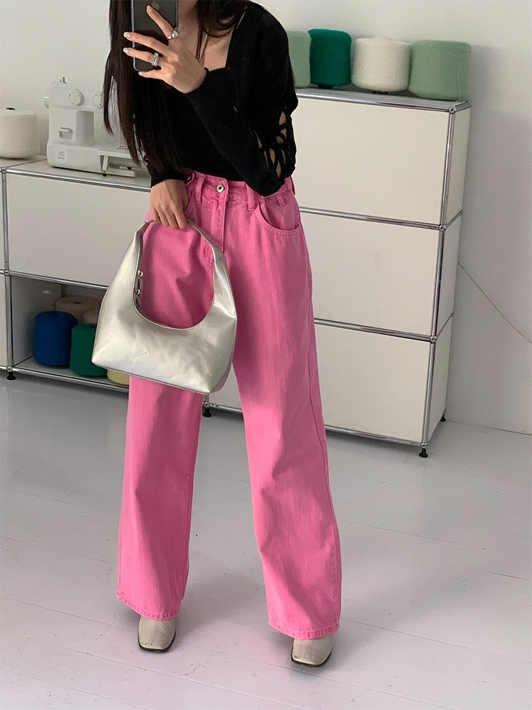 50%OFF_粉色阔腿牛仔裤Fuscia Pink Jean