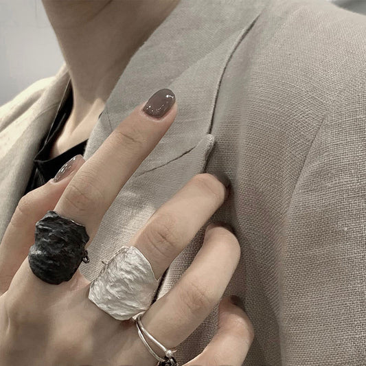 Textured Black and White Ring with integrated chains