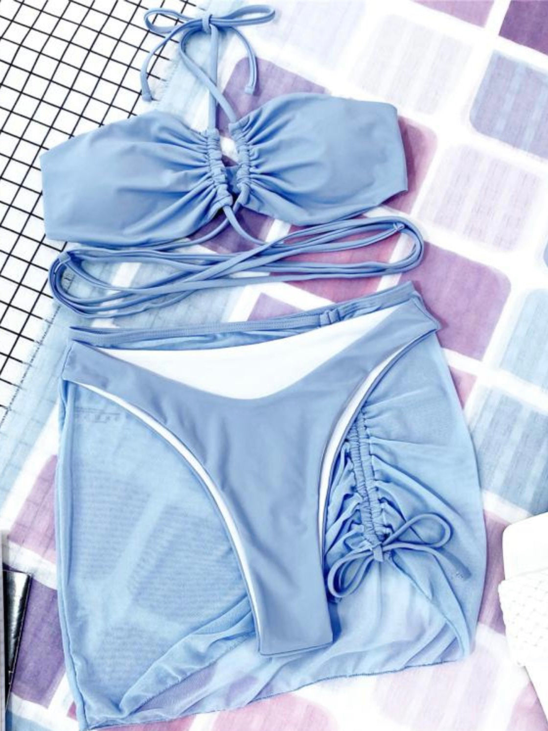 天蓝色系带泳装套装Sky Blue Tie Swimwear Set