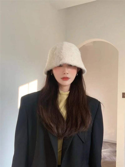 秋冬刚需奶白兔毛盆帽White Textured Knitted Bucket Hat